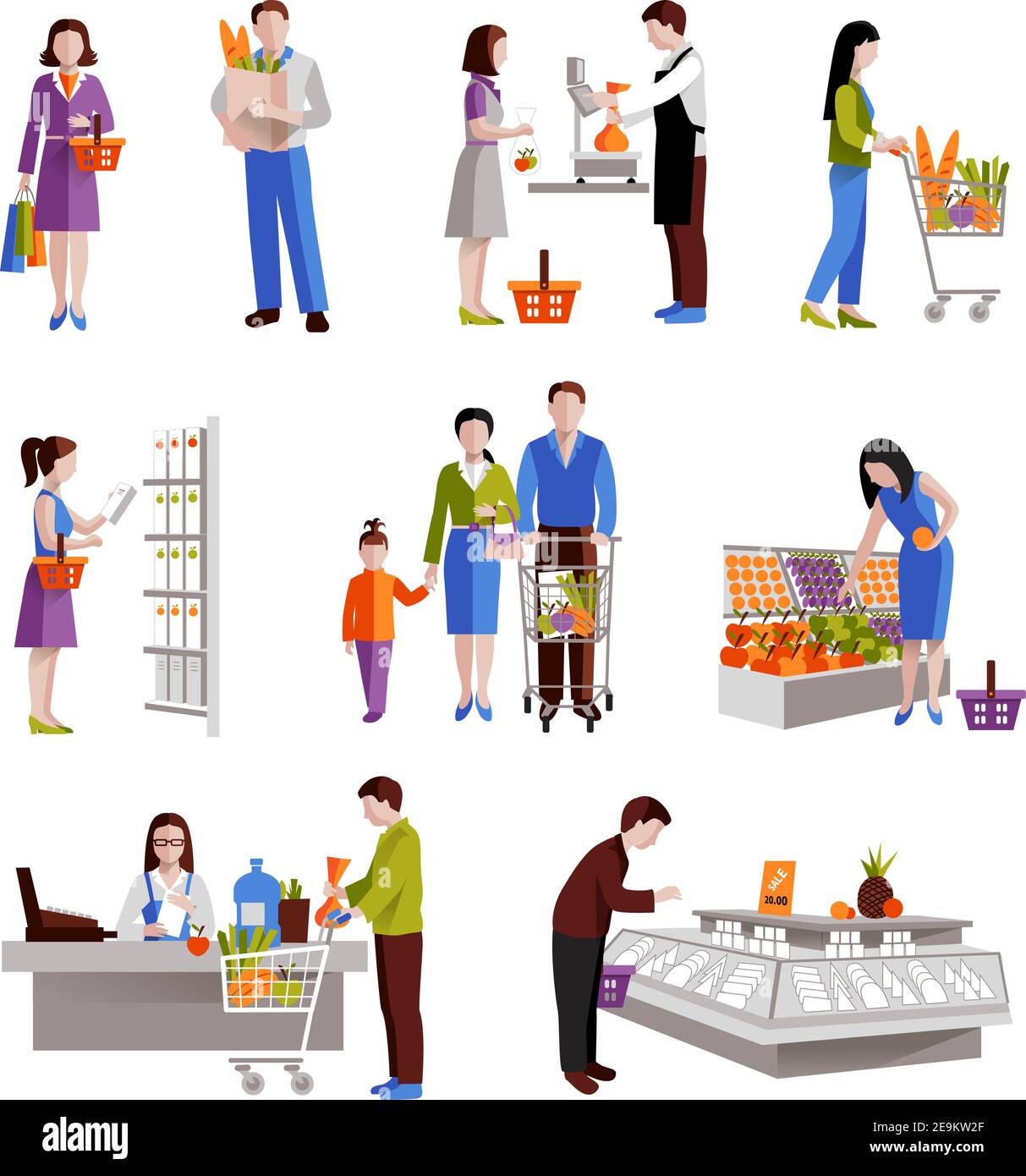 La gente in supermercato che compra i prodotti della drogheria le icone decorative insieme isolate illustrazione vettoriale Illustrazione Vettoriale