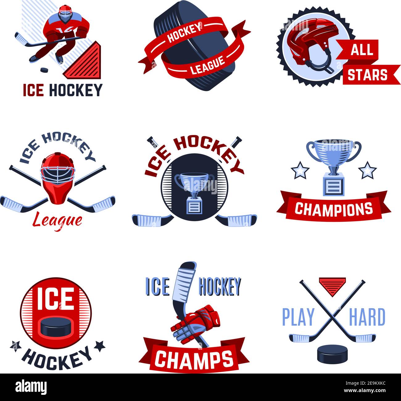 Hockey su ghiaccio campioni campionato sport emblemi insieme isolato vettore illustrazione Illustrazione Vettoriale