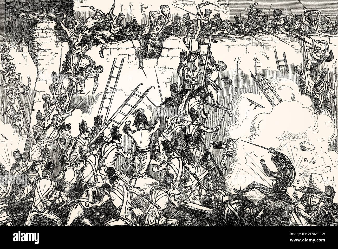 Fanteria britannica tentativo di scalare le mura di Badajoz, assedio di Badajoz, 1812, guerra peninsulare, da battaglie britanniche su terra e mare di James Grant Foto Stock