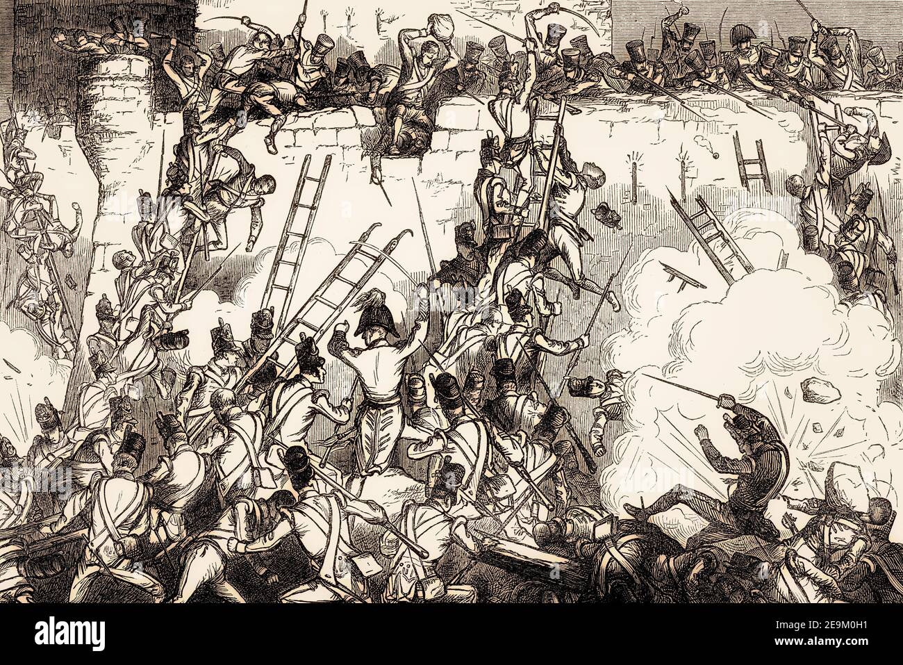 Fanteria britannica tentativo di scalare le mura di Badajoz, assedio di Badajoz, 1812, guerra peninsulare, da battaglie britanniche su terra e mare di James Grant Foto Stock