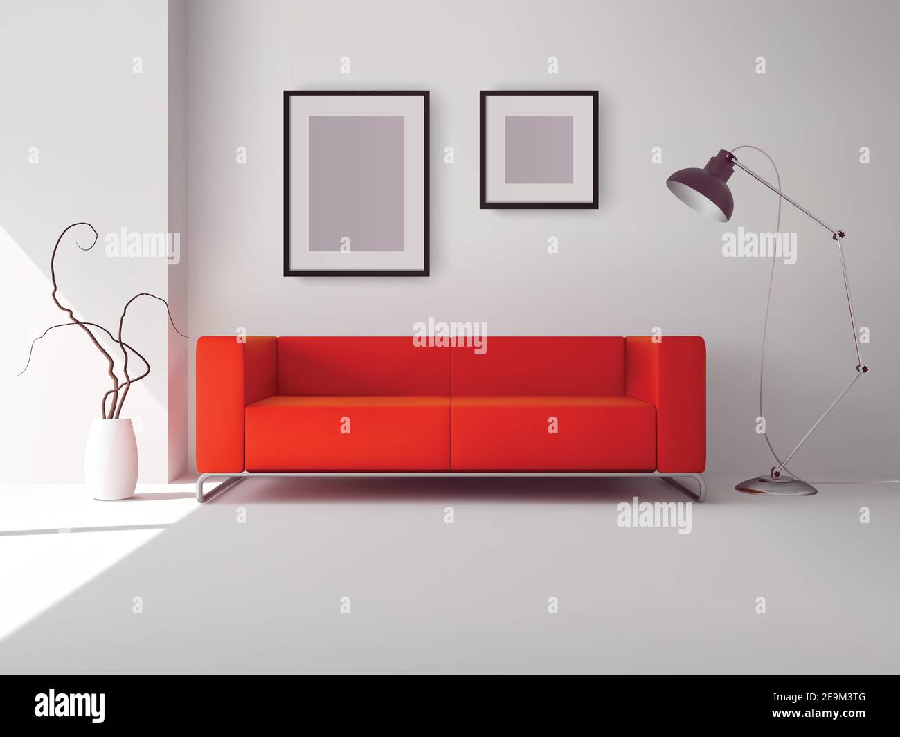 Realistico divano quadrato rosso con lampada e cornici interne illustrazione vettoriale Illustrazione Vettoriale