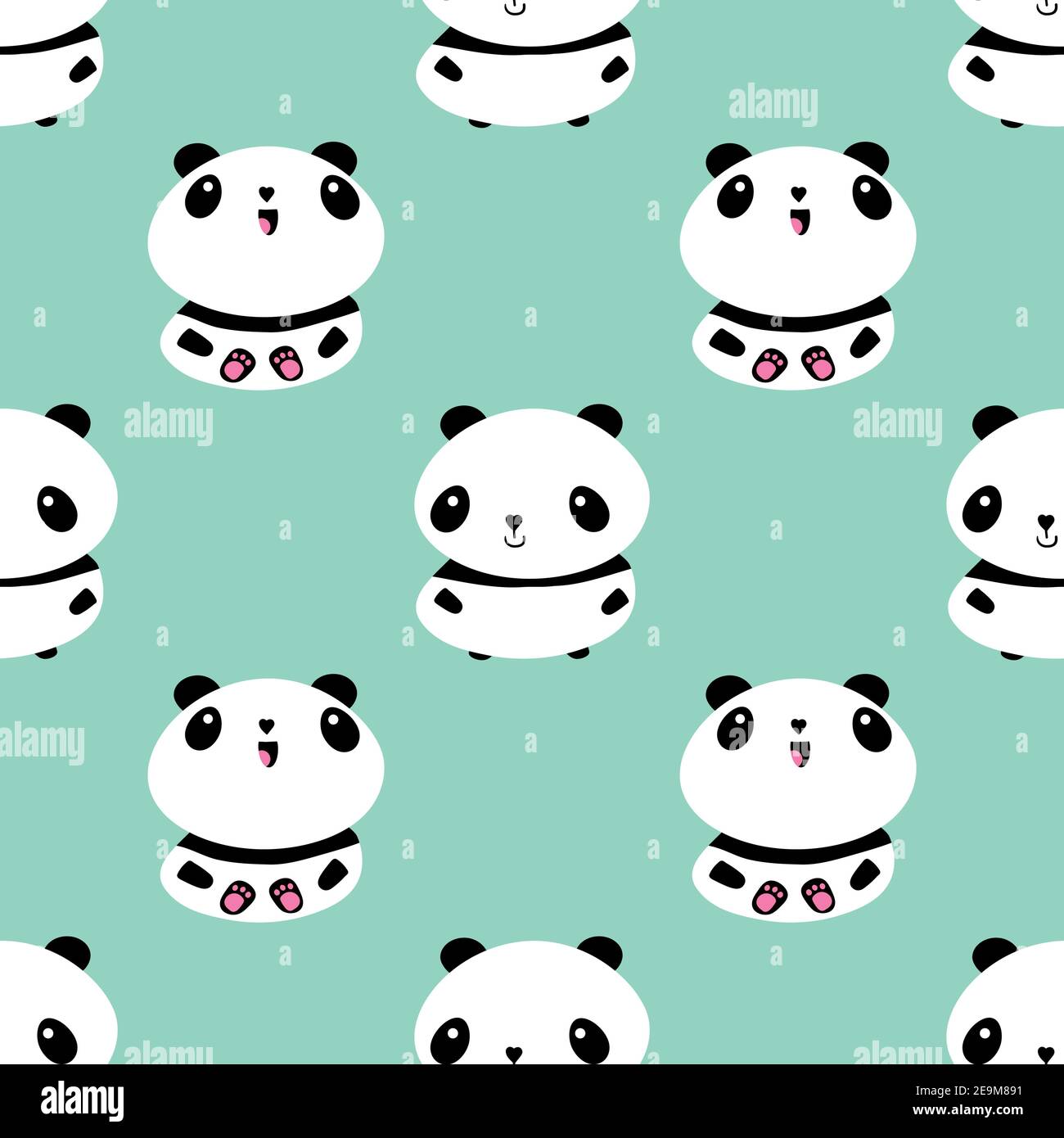 Kawaii vettore panda senza cuciture pattern background. Carino nero e bianco seduto cartoni animati su sfondo pastello teal. Illustrazione disegnata a mano Illustrazione Vettoriale