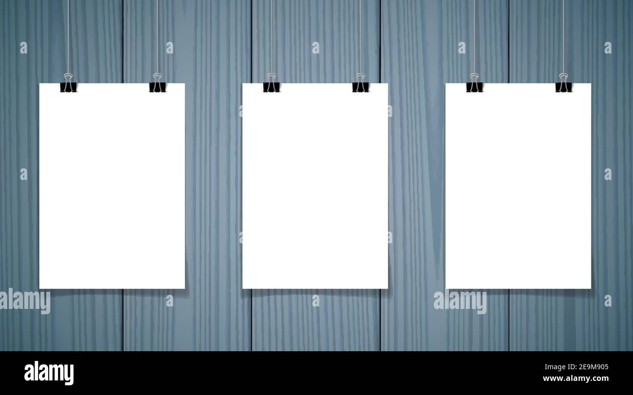 Set di 3 poster vuoto appesi a filo con clip Illustrazione Vettoriale