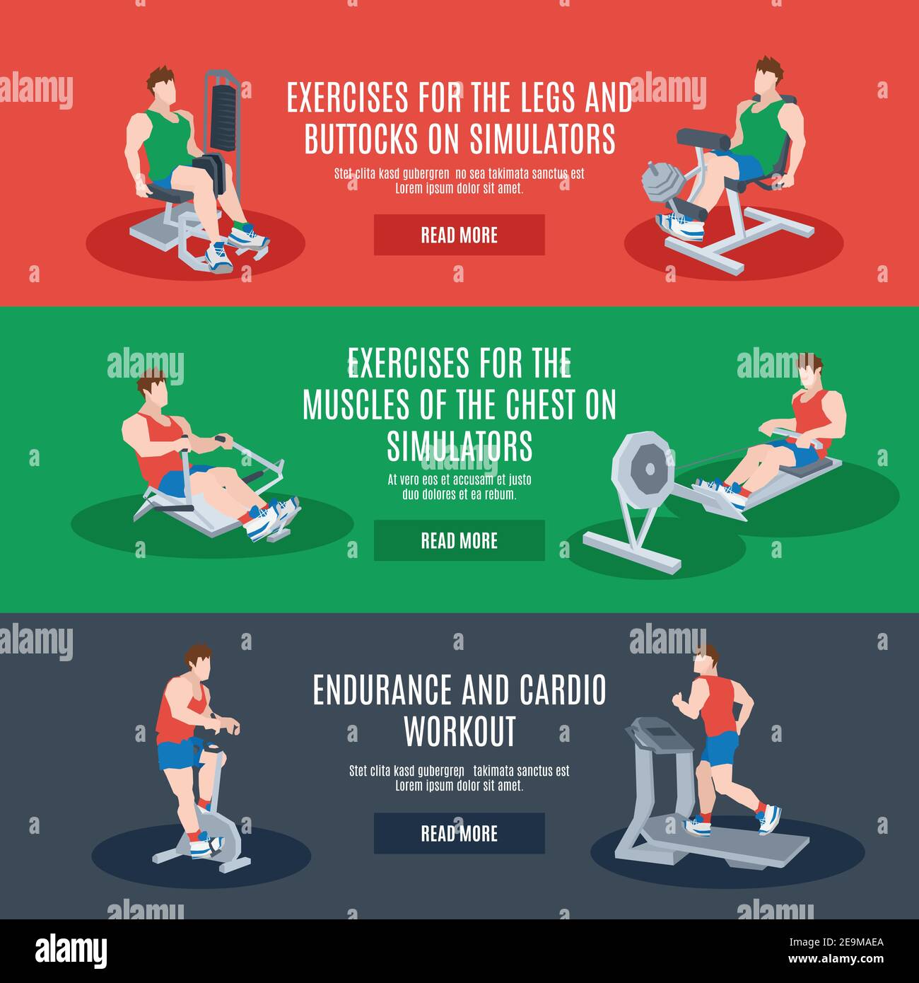 Macchine per esercizi con gambe petto natiche resistenza e cardio illustrazione vettoriale isolata degli elementi di allenamento Illustrazione Vettoriale