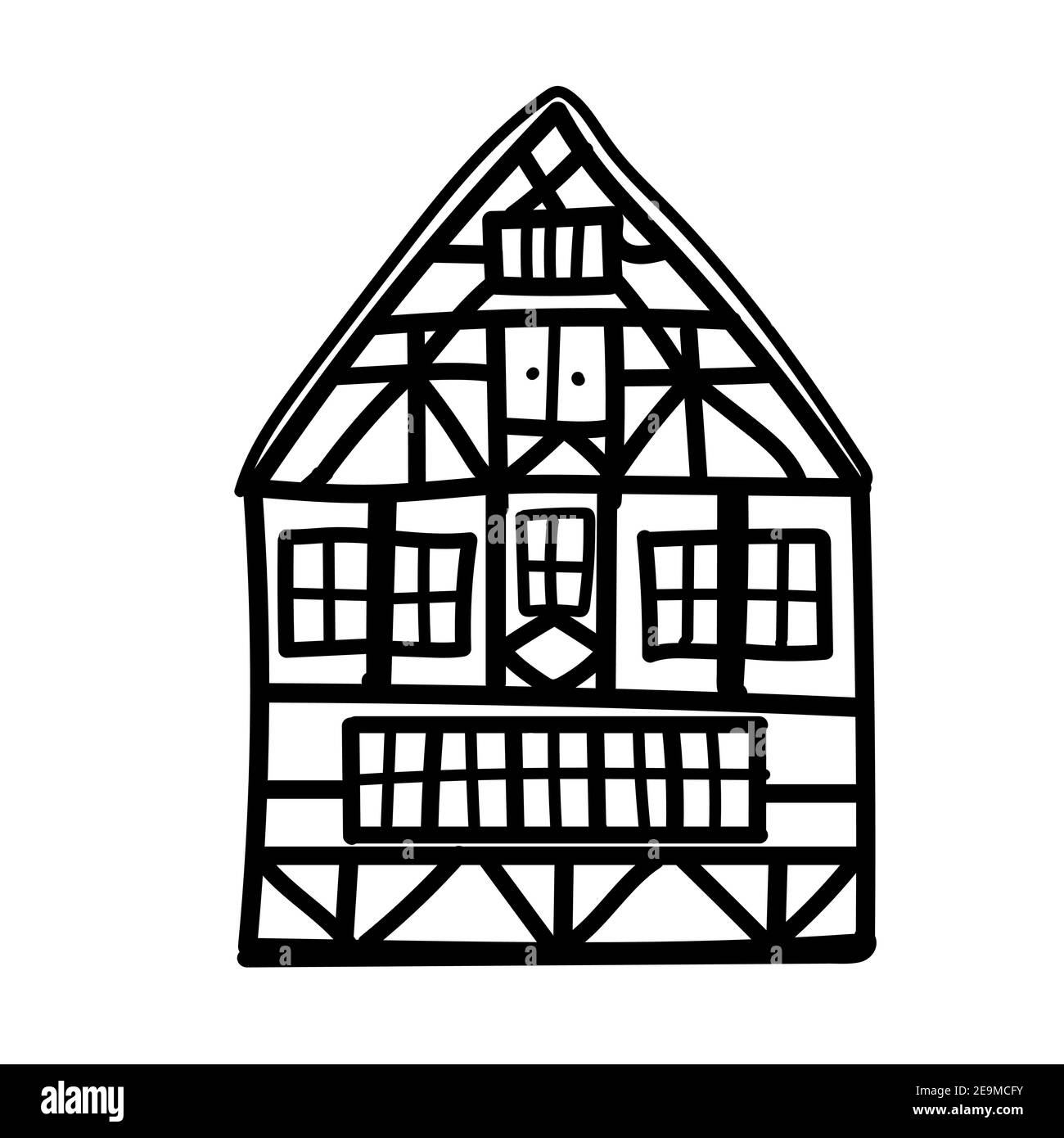 Doodle Vecchia casa tedesca con travi in legno. Edificio a graticcio disegnato a mano. Facciate nere di case europee incorniciate, cottage Illustrazione Vettoriale
