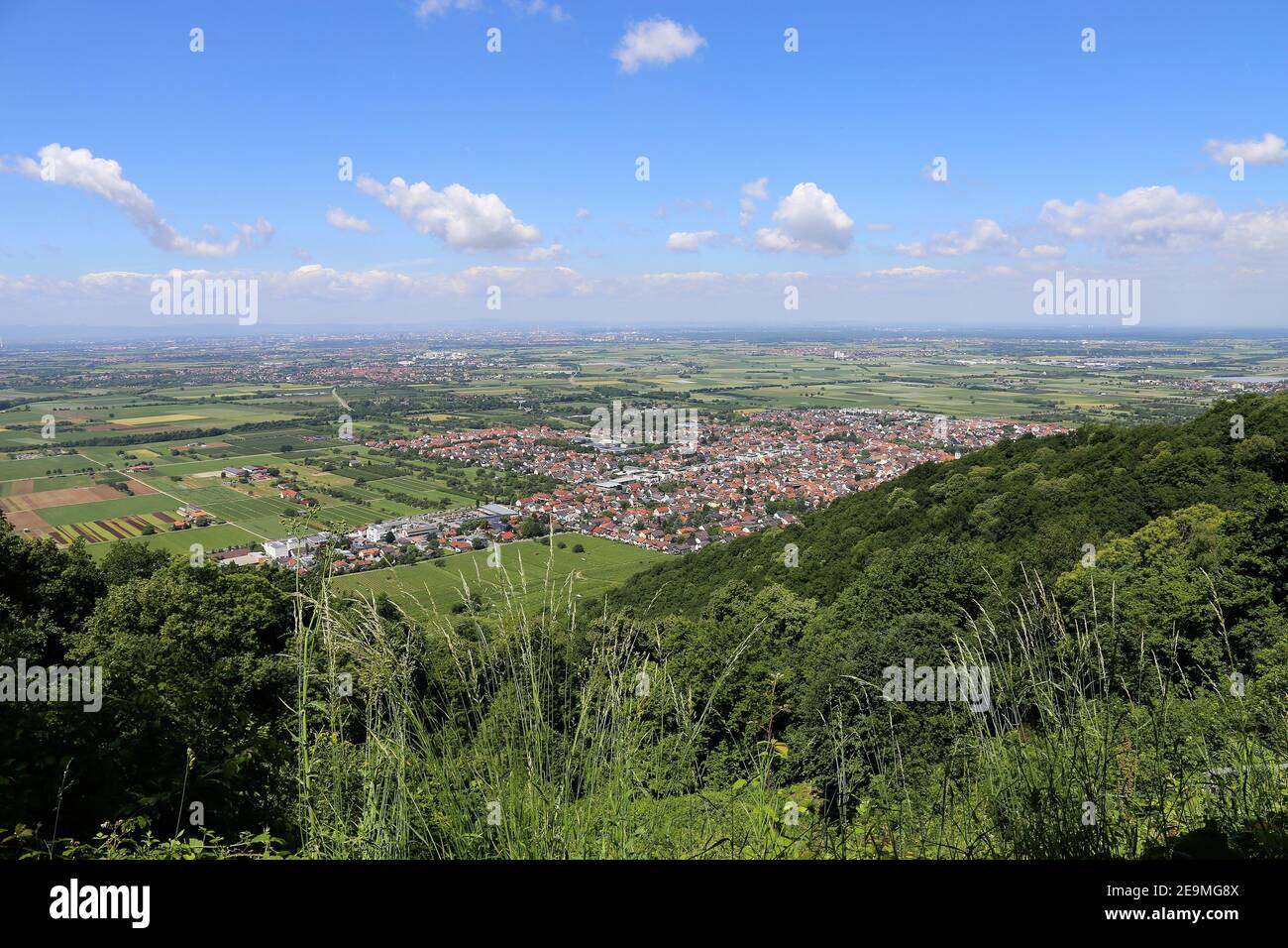 Schriesheim nel distretto del Reno-Neckar con la pianura del Reno sullo sfondo (Baden-Wurttemberg, Germania) Foto Stock