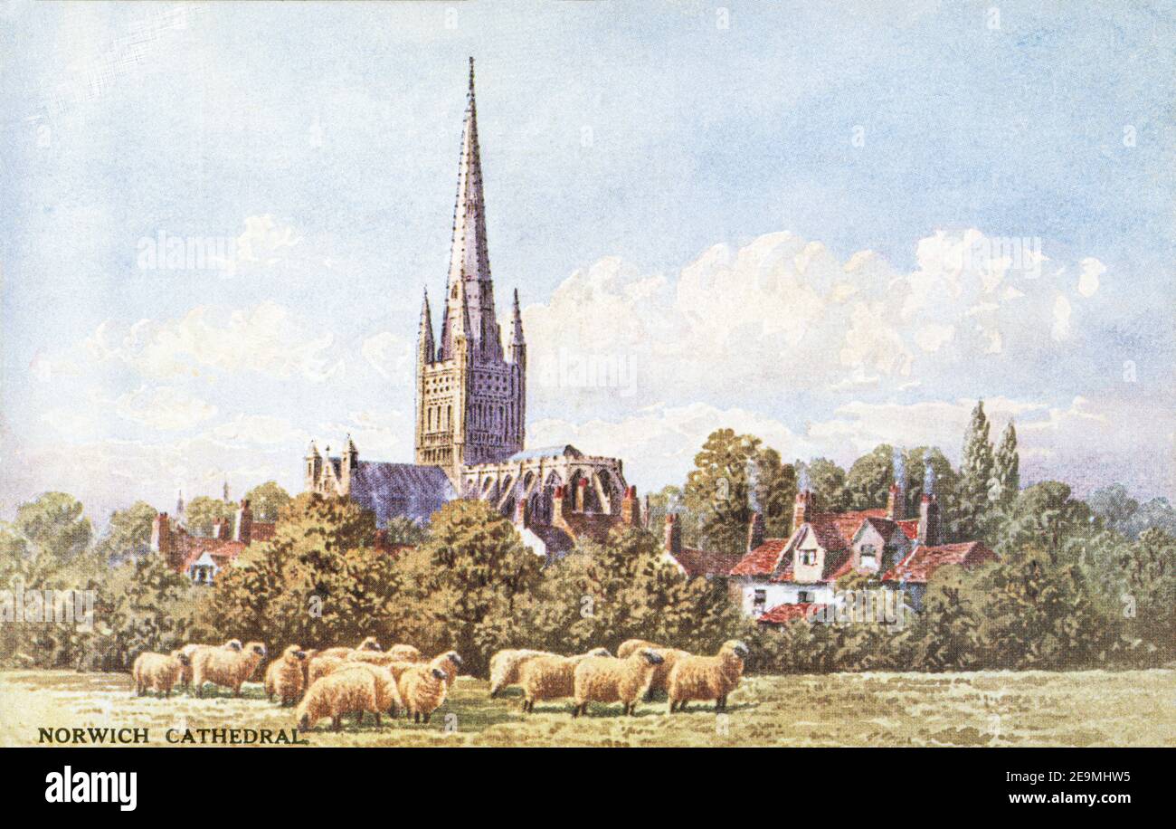 Una cartolina colorata della Cattedrale di Norwich risalente agli anni Venti. Foto Stock