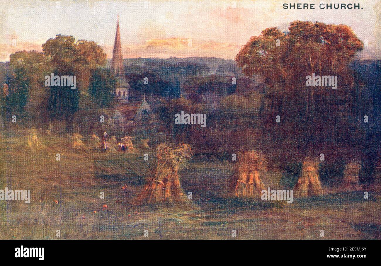 Una cartolina colorata di Shere Church, Surrey UK pubblicato nel 1908 Foto Stock