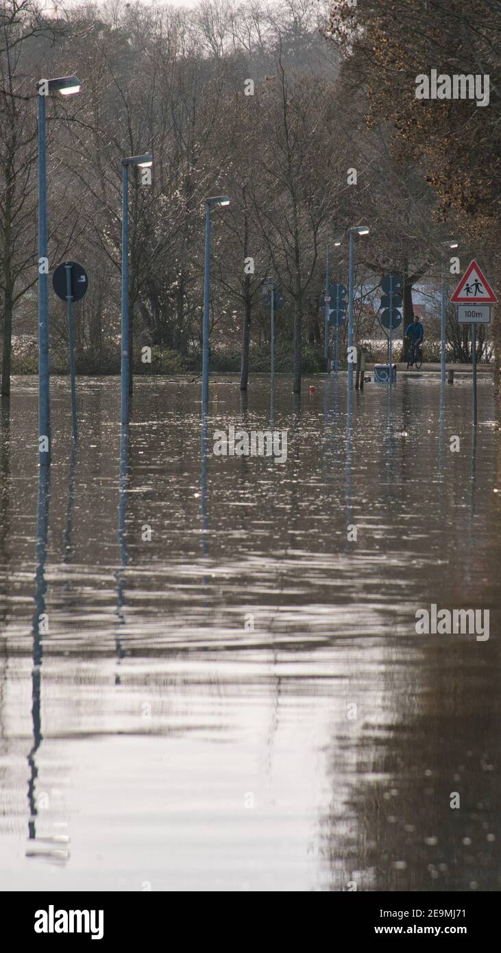 Il parco sul fiume meno a Mainz-Kastel è inondato da inondazioni Foto Stock