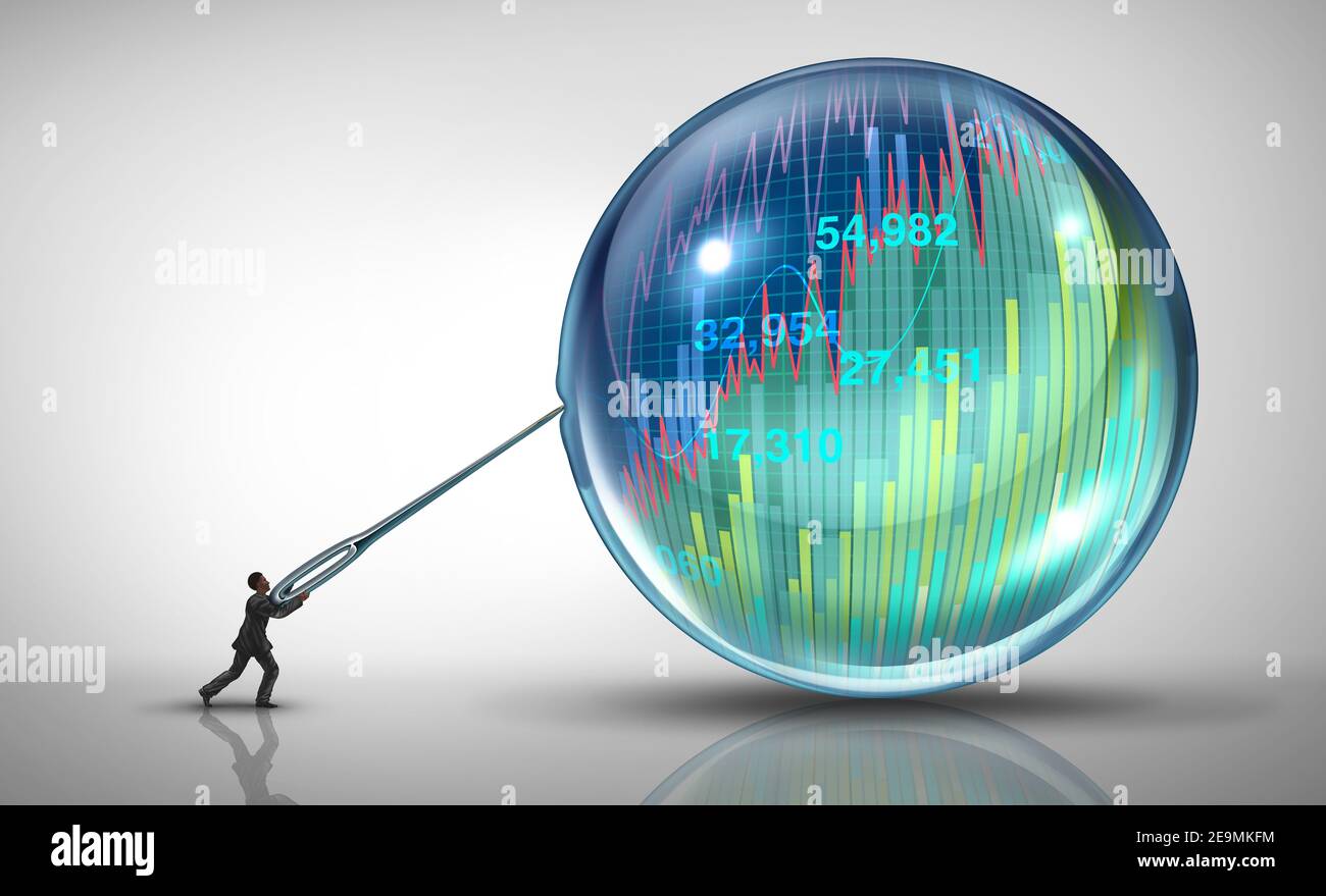 Pericolo di bolla economica e scoppio finanziario o come una speculazione di affari del mercato azionario con un concetto del venditore corto del businessman. Foto Stock