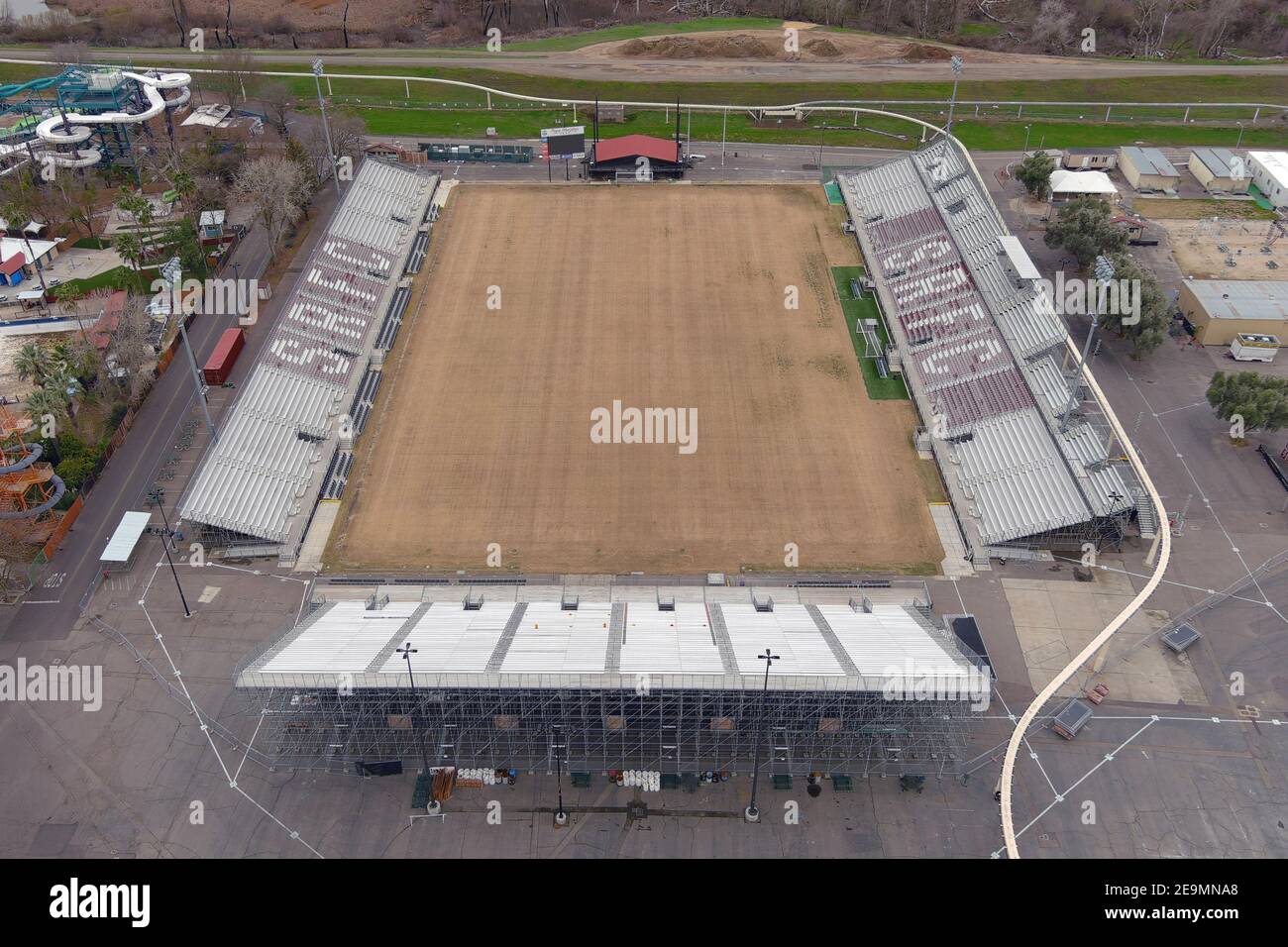 Una veduta aerea del Parco del Papa Murphy, domenica 24 gennaio 2021, a Sacramento, California. Lo stadio situato nel centro espositivo della California è la sede del Sacro Foto Stock