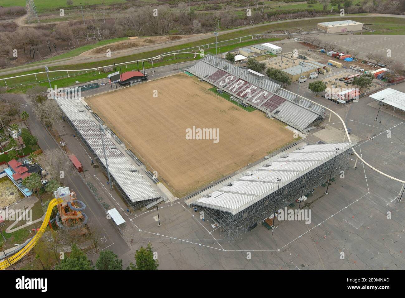 Una veduta aerea del Parco del Papa Murphy, domenica 24 gennaio 2021, a Sacramento, California. Lo stadio situato nel centro espositivo della California è la sede del Sacro Foto Stock