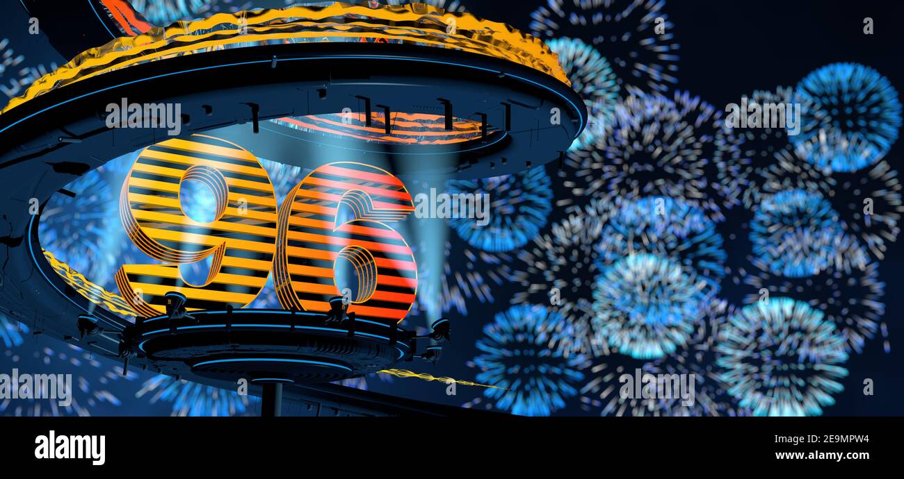 Numero 96 formato da una struttura gialla su un tondo piattaforma metallica illuminata da riflettori circondati da una spirale metallica struttura con sfondo di b Foto Stock