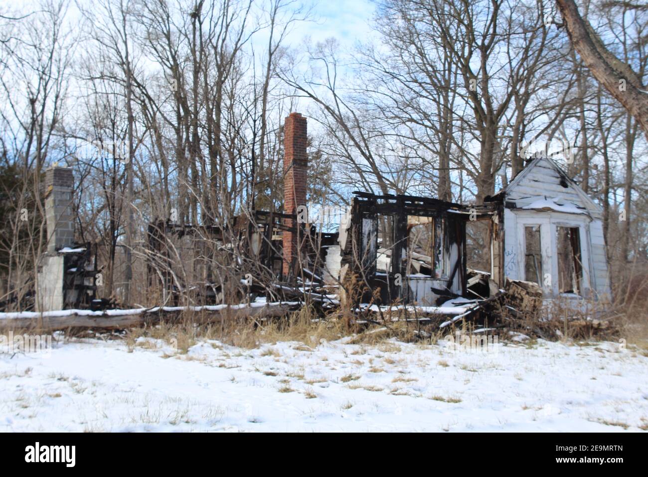 Rovine di bruciato giù a casa con camino in piedi a Brightmoor A Detroit Foto Stock