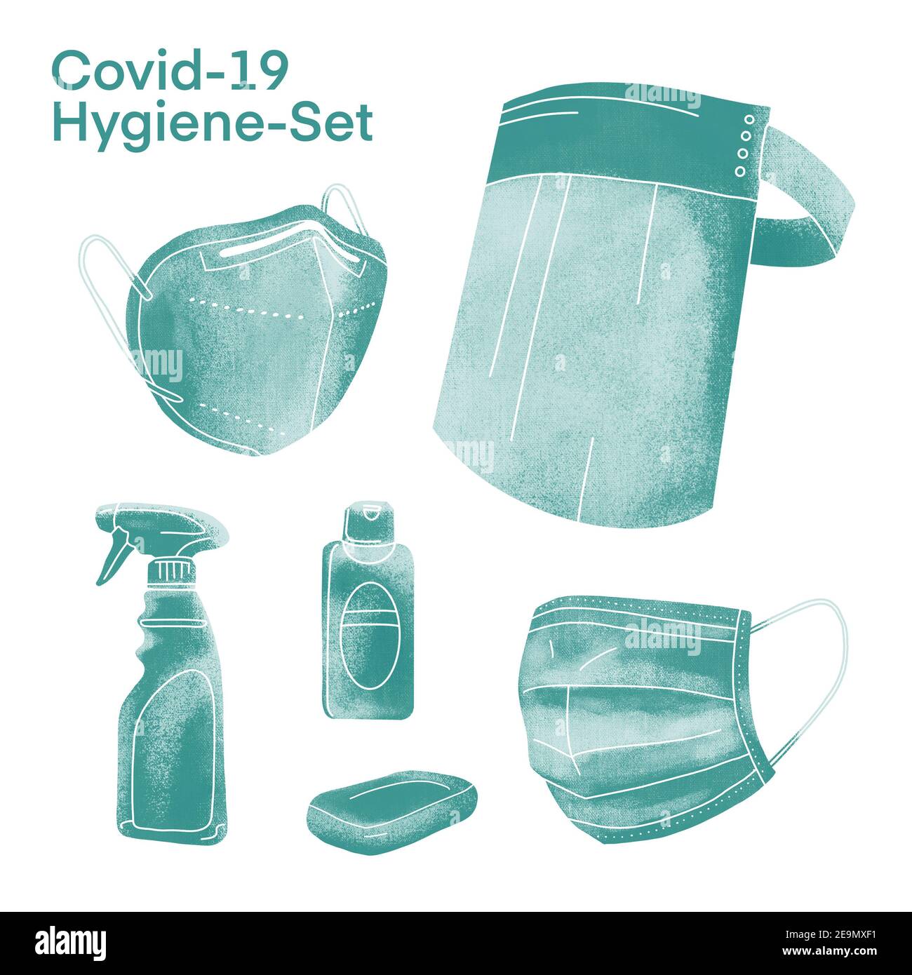 Kit vaccino Covid-19 illustrato, con maschera, fiala e siringa – verde Foto Stock