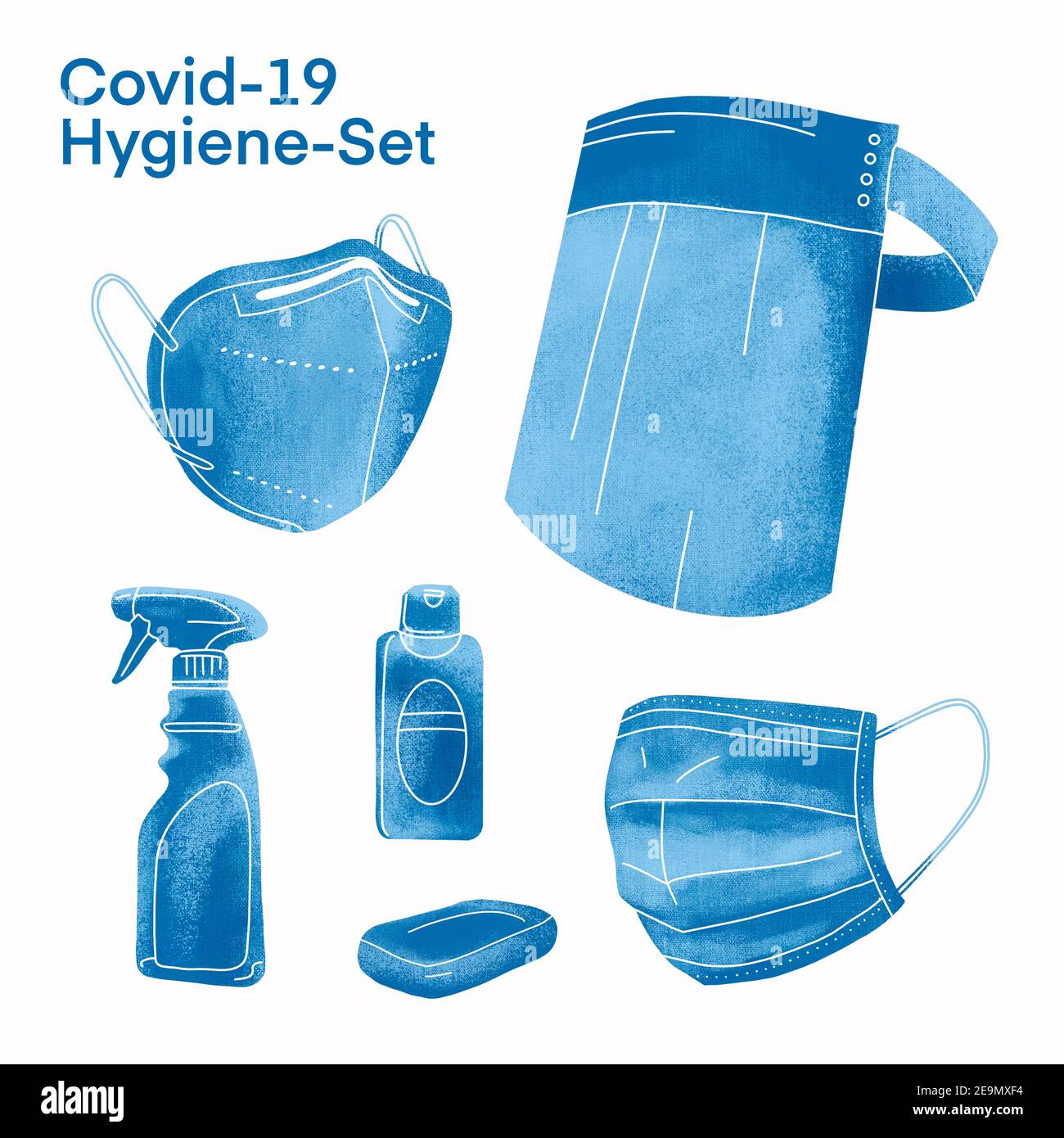 Kit vaccino Covid-19 illustrato, con maschera, fiala e siringa – blu Foto Stock