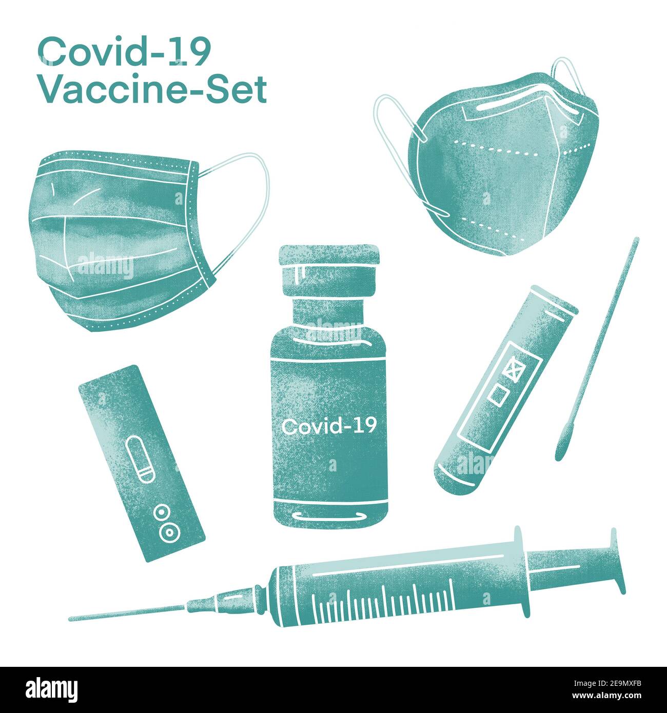 Kit vaccino Covid-19 illustrato, con maschera, fiala e siringa – verde Foto Stock