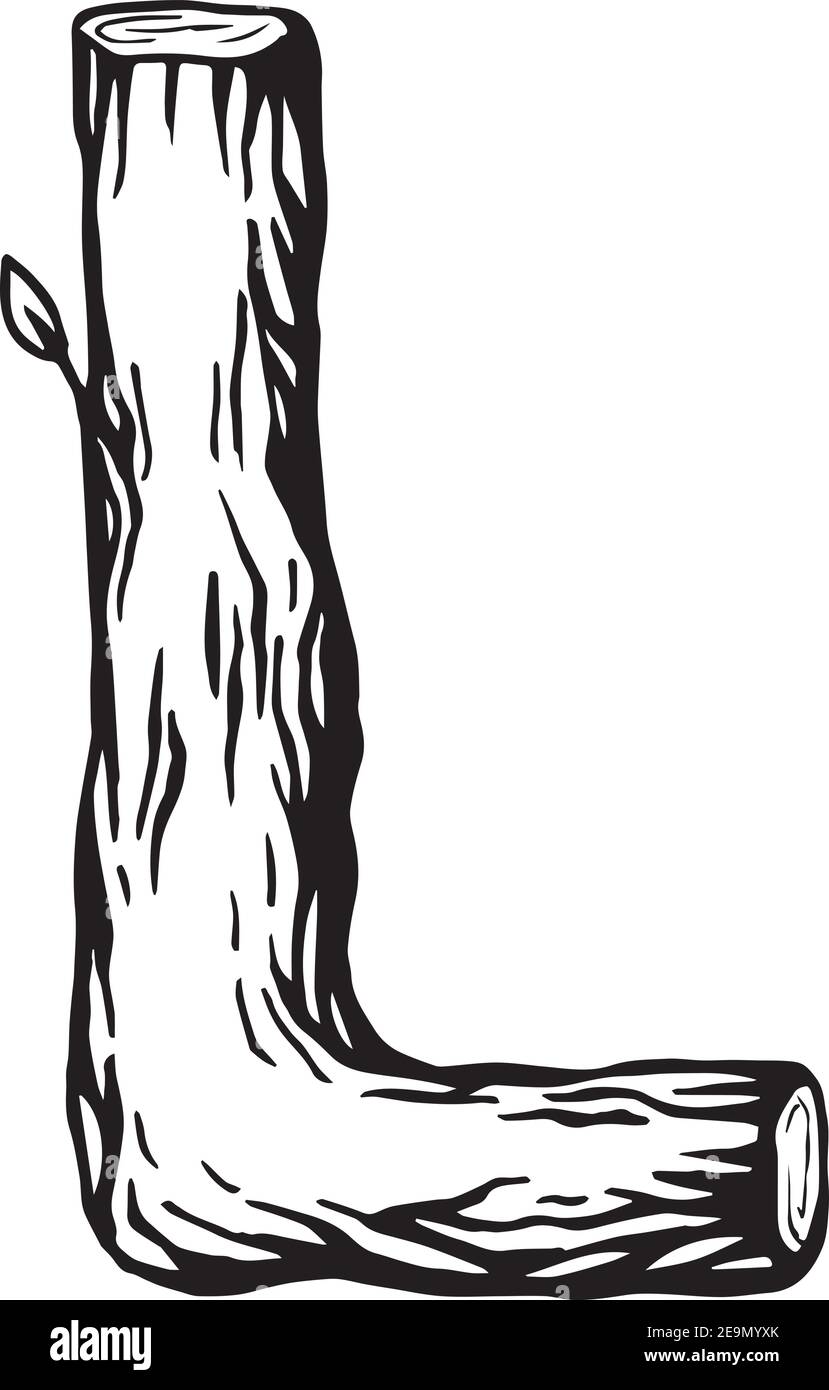 Incisione nera lettera L in legno con foglie sopra lo sfondo bianco Illustrazione Vettoriale