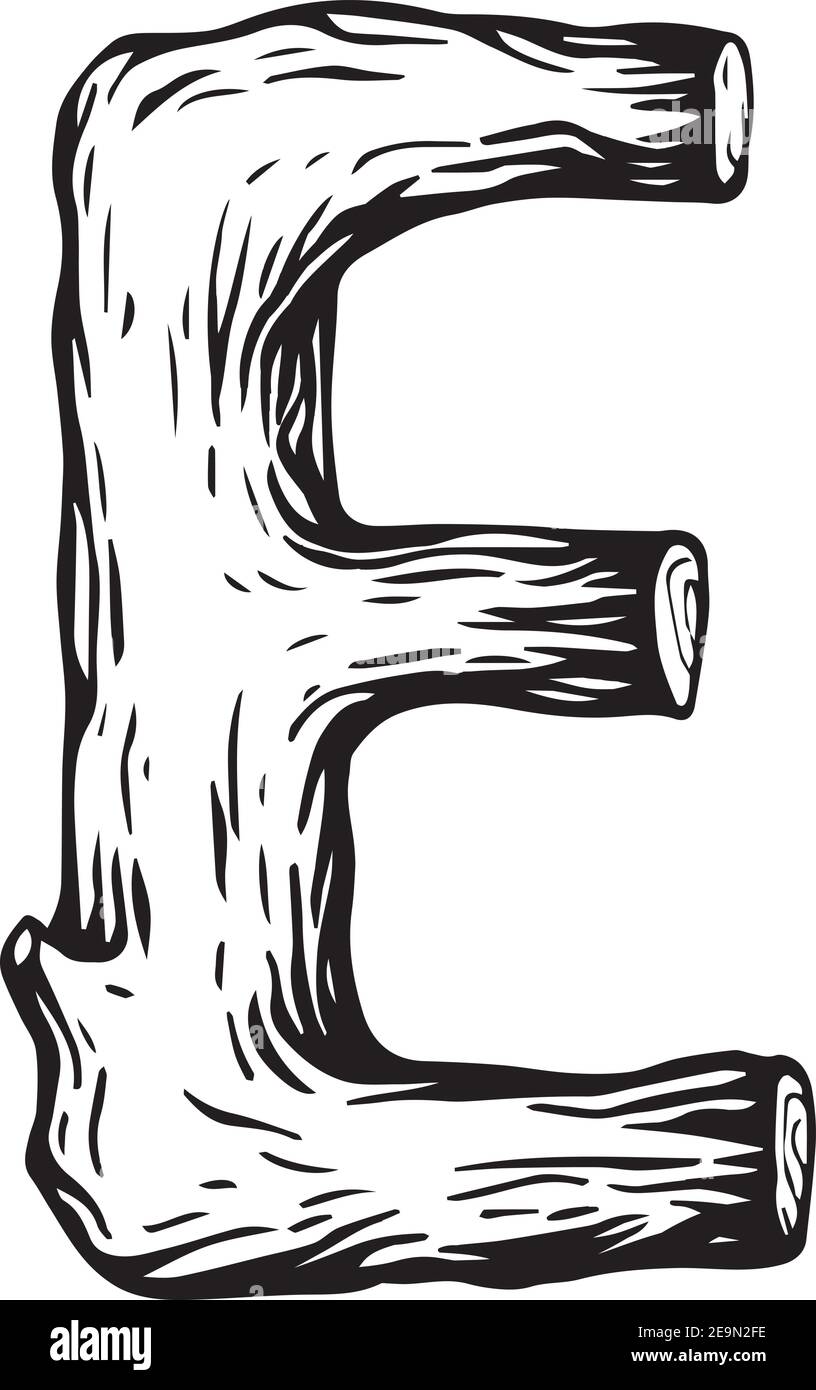 Incisione nera lettera e in legno con foglie sopra lo sfondo bianco Illustrazione Vettoriale