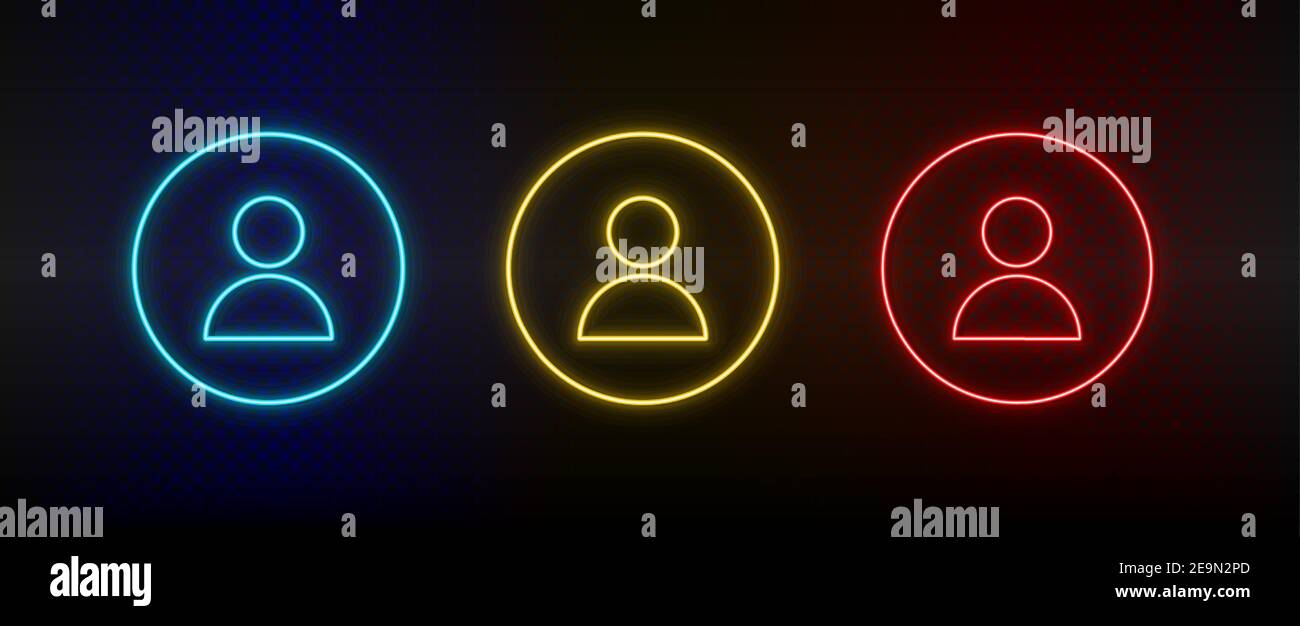Icona neon Imposta avatar, profilo. Set di icone vettoriali al neon rosse, blu e gialle Illustrazione Vettoriale
