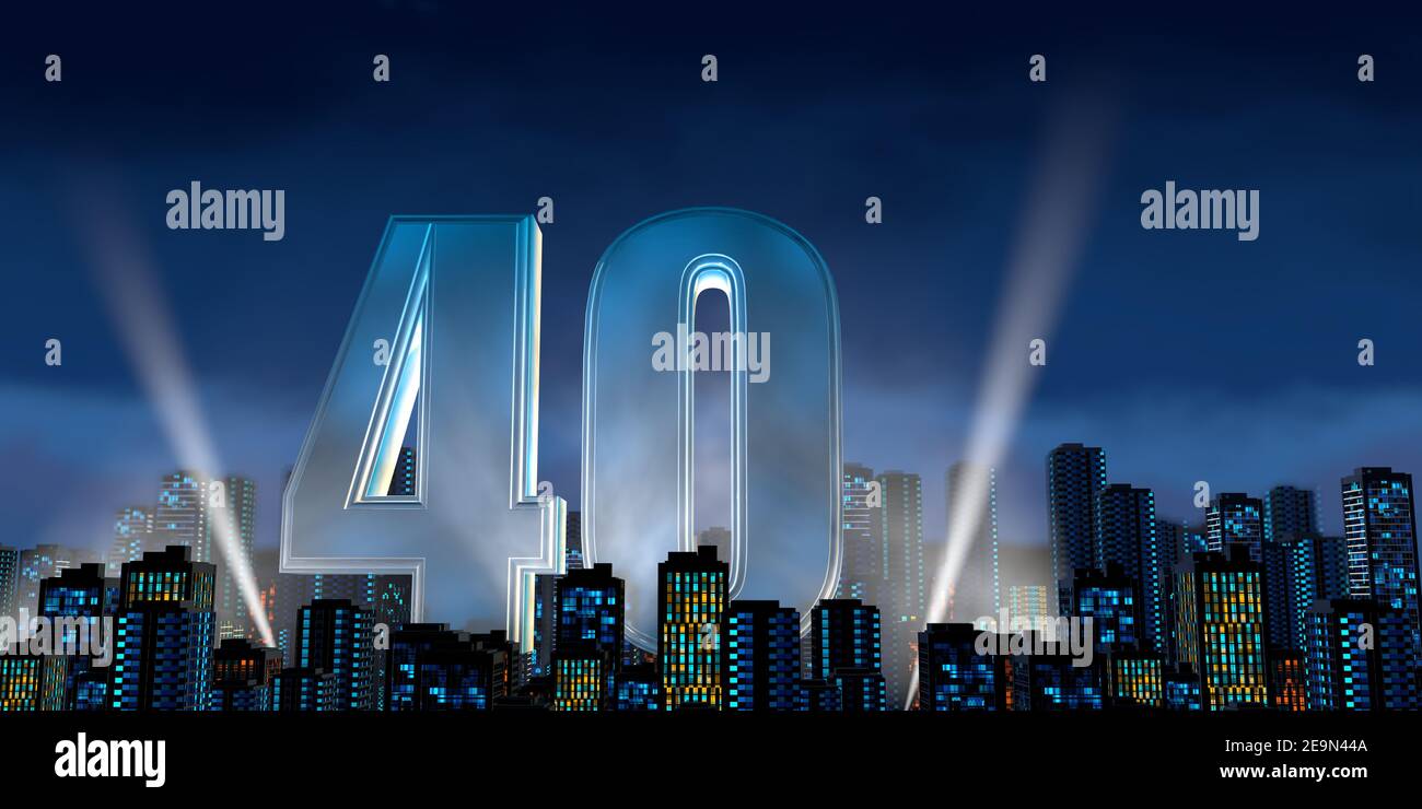 Il numero 40 nel carattere blu spesso illuminato dal basso con riflettori di luce bianca che galleggiano nel mezzo di una città centro con edifici alti con luci blu o Foto Stock