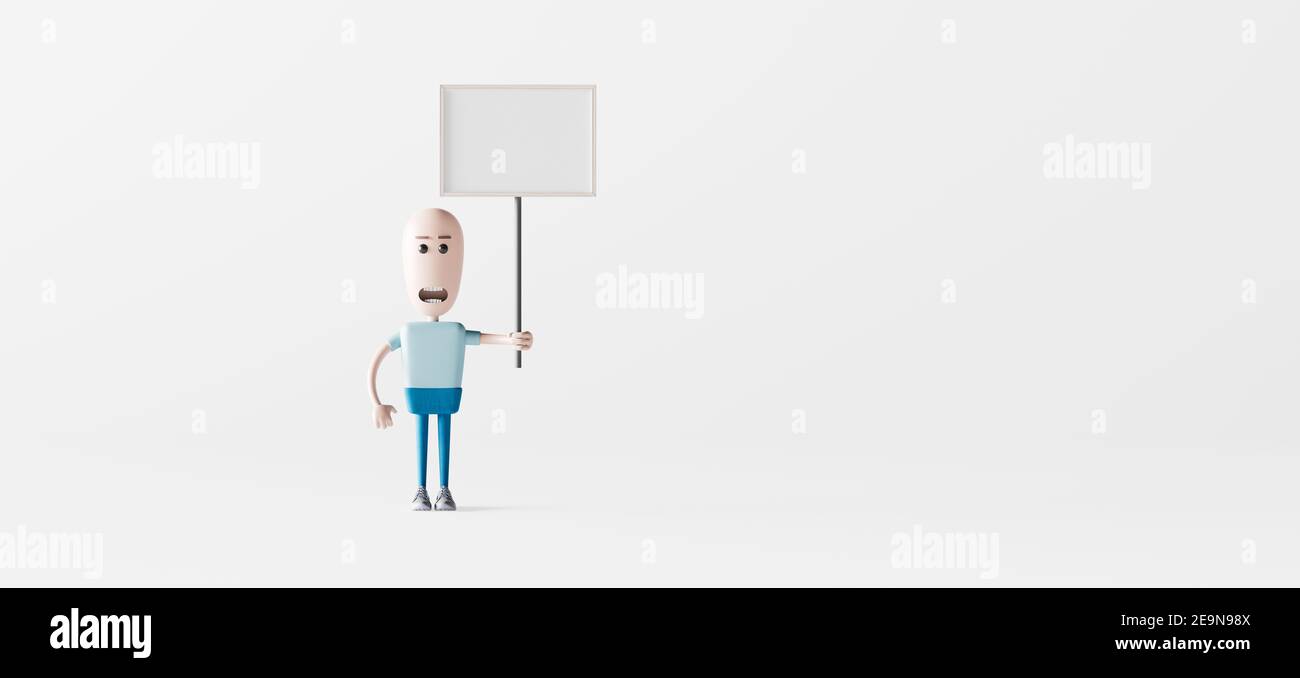 Divertente personaggio uomo 3d con cartellone in mano 3d rappresentazione di un'illustrazione 3d Foto Stock