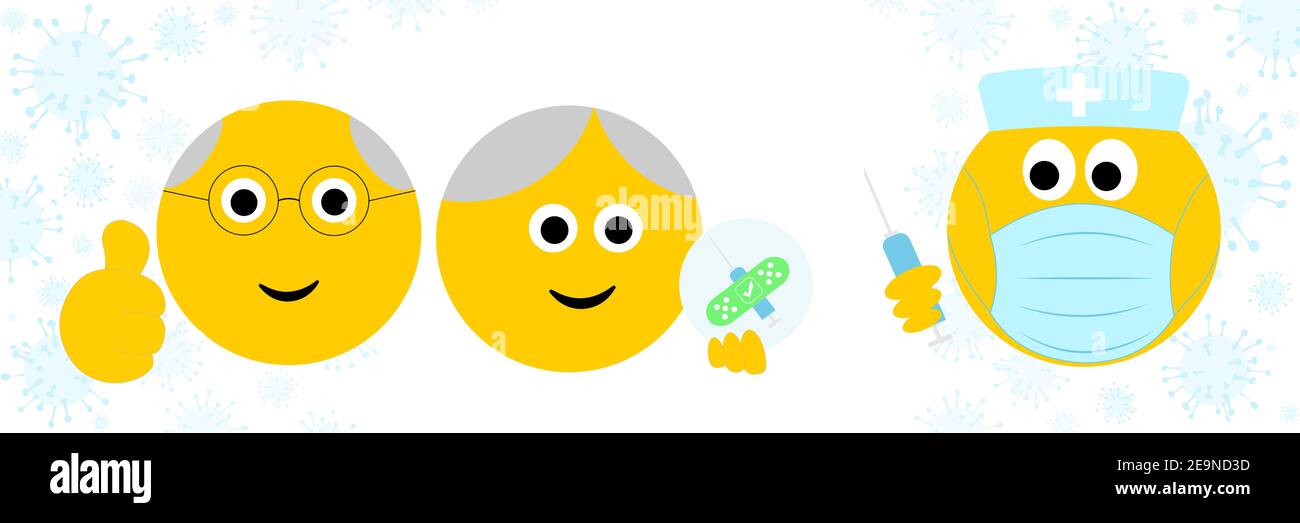 Thumbs up Emoji Senior vaccinati da emoji medico in maschera viso con vaccino in siringa, influenza covid 19 concetto di vaccinazione medica Foto Stock
