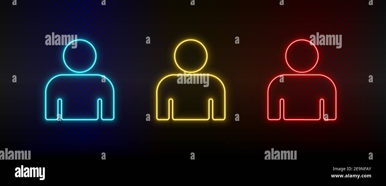 Avatar set icone neon, utente. Set di icone vettoriali al neon rosse, blu e gialle Illustrazione Vettoriale