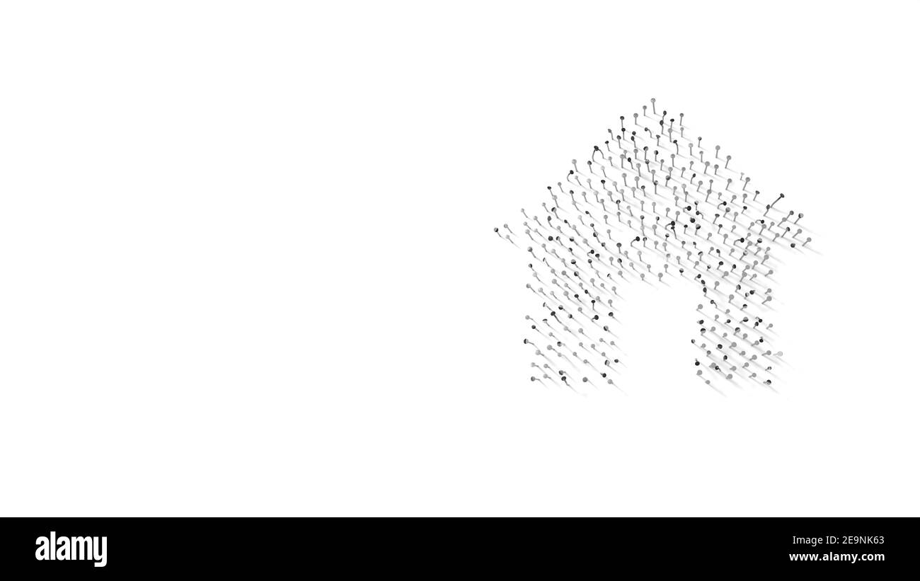 rendering 3d di unghie in forma di simbolo di casa con porta con ombre isolate su sfondo bianco Foto Stock