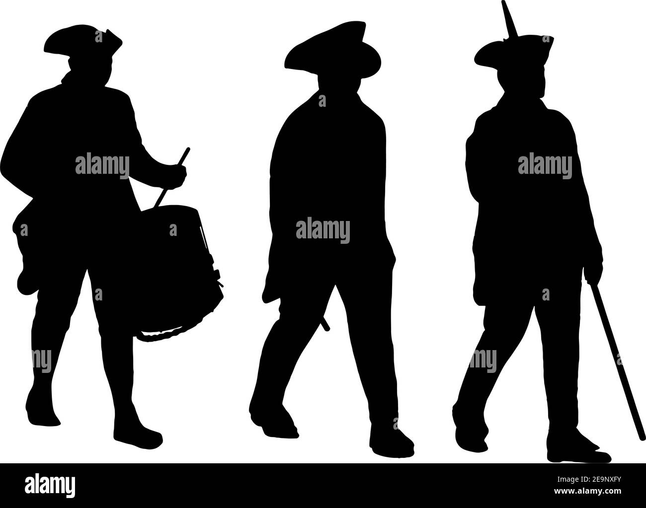 Soldati della guerra rivoluzionaria americana che marciano su silhouette Illustrazione Vettoriale
