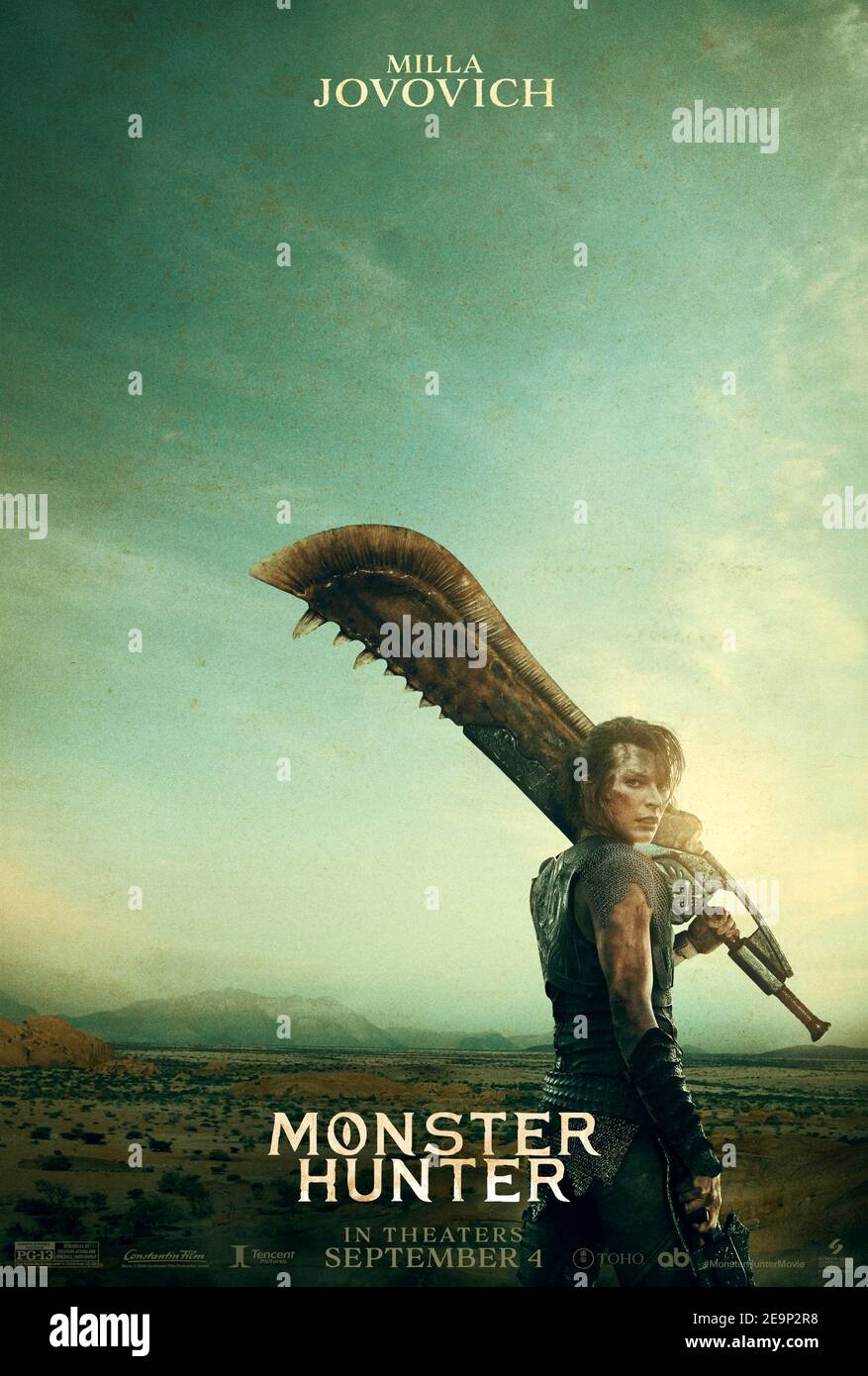 Monster Hunter (2020) diretto da Paul W.S. Anderson e con Milla Jovovich, Tony JAA e Ron Perlman. Basato sul videogioco Capcom, i soldati vengono trasportati in un mondo alieno per combattere enormi mostri. Foto Stock