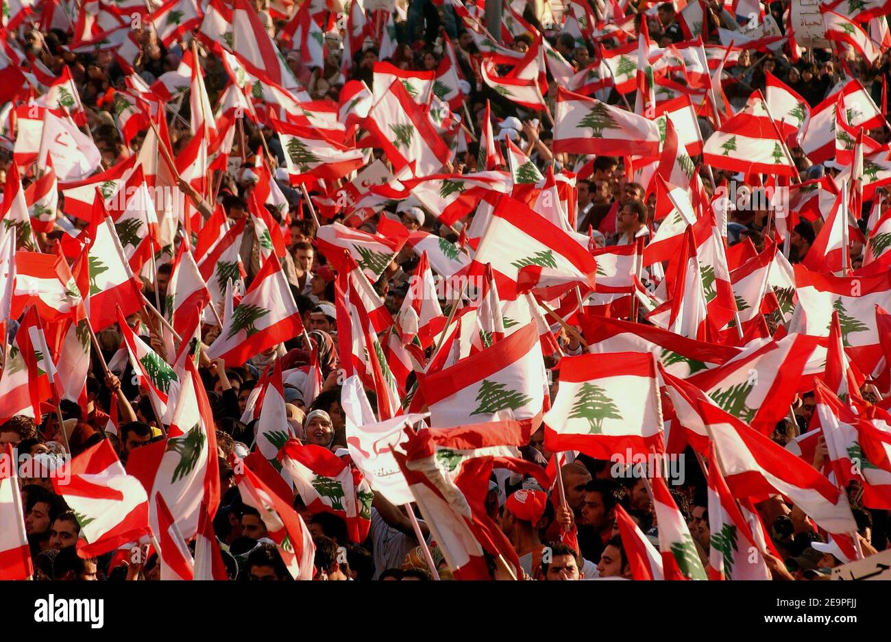 I gruppi libanesi pro-siriani hanno ondulato bandiere nazionali durante un raduno a Beirut, in Libano, il 1 dicembre 2006. Un mare di manifestanti che sventolano bandiere ha chiesto le dimissioni del governo libanese sostenuto dall'Occidente ad un raduno guidato da Hezbollah, ma il primo ministro Fouad Siniora è apparso incommosso dalle pressioni. Foto di Motte/De russe/ABACAPRESS.COM Foto Stock
