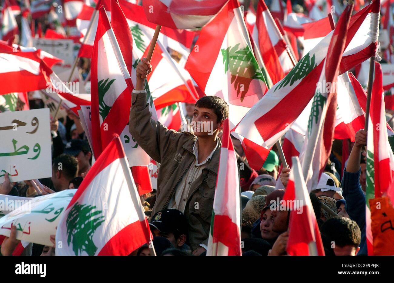 I gruppi libanesi pro-siriani hanno ondulato bandiere nazionali durante un raduno a Beirut, in Libano, il 1 dicembre 2006. Un mare di manifestanti che sventolano bandiere ha chiesto le dimissioni del governo libanese sostenuto dall'Occidente ad un raduno guidato da Hezbollah, ma il primo ministro Fouad Siniora è apparso incommosso dalle pressioni. Foto di Motte/De russe/ABACAPRESS.COM Foto Stock
