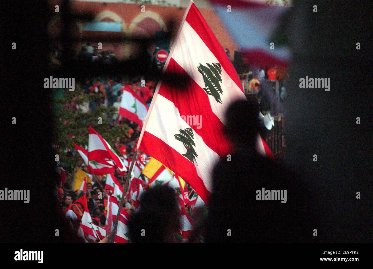 I gruppi libanesi pro-siriani hanno ondulato bandiere nazionali durante un raduno a Beirut, in Libano, il 1 dicembre 2006. Un mare di manifestanti che sventolano bandiere ha chiesto le dimissioni del governo libanese sostenuto dall'Occidente ad un raduno guidato da Hezbollah, ma il primo ministro Fouad Siniora è apparso incommosso dalle pressioni. Foto di Motte/De russe/ABACAPRESS.COM Foto Stock