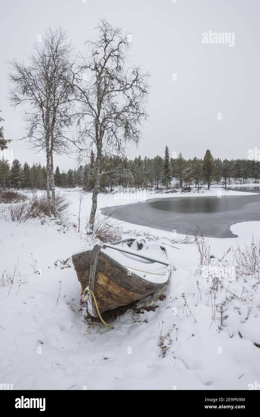 barca di legno innevata nella foresta Foto Stock