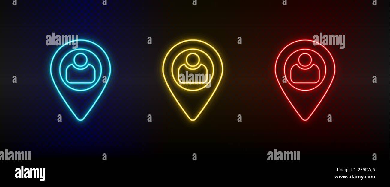 Utente set icone neon, posizione. Set di icone vettoriali al neon rosse, blu e gialle Illustrazione Vettoriale
