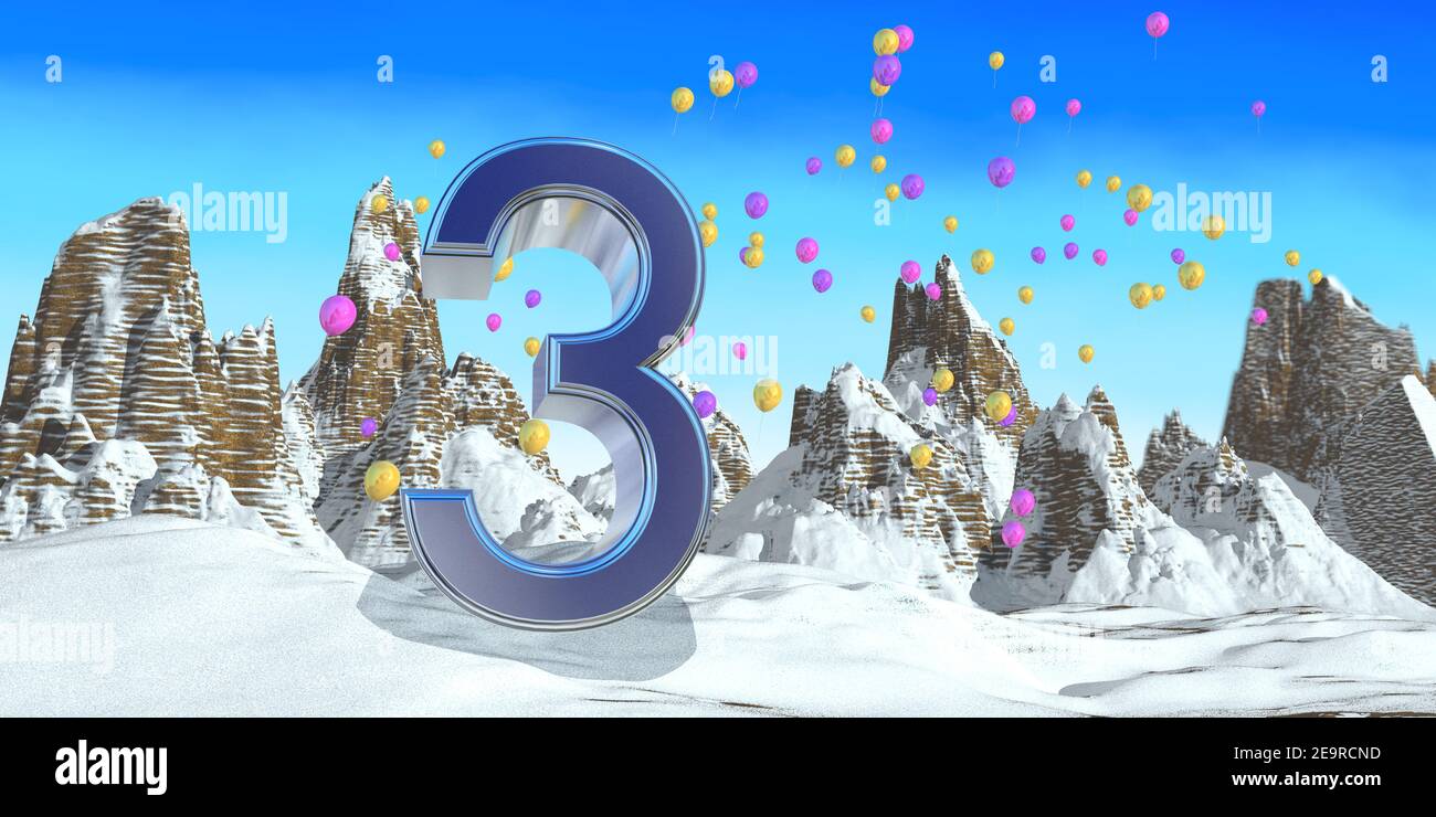 Numero 3 in spessa font blu su una montagna innevata con montagne rocciose paesaggio con neve e palloncini rossi, gialli e viola che volano sullo sfondo. Foto Stock