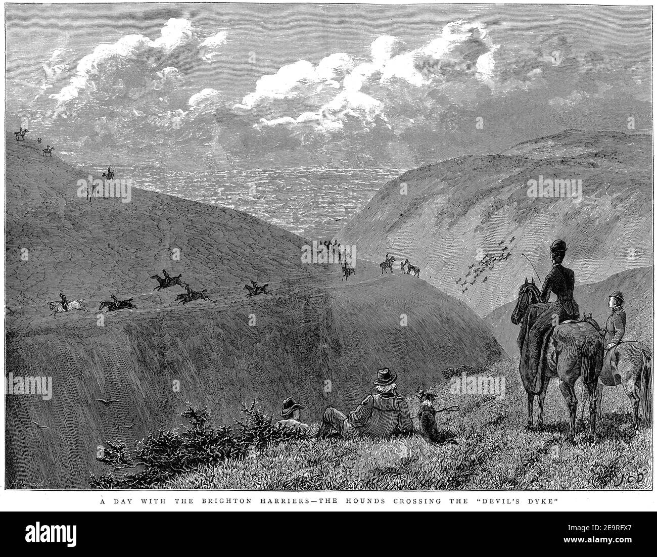 Incisione dei Harriers di Brighton a caccia con i hounds al Devil's Dyke in West Sussex, 1879 Foto Stock