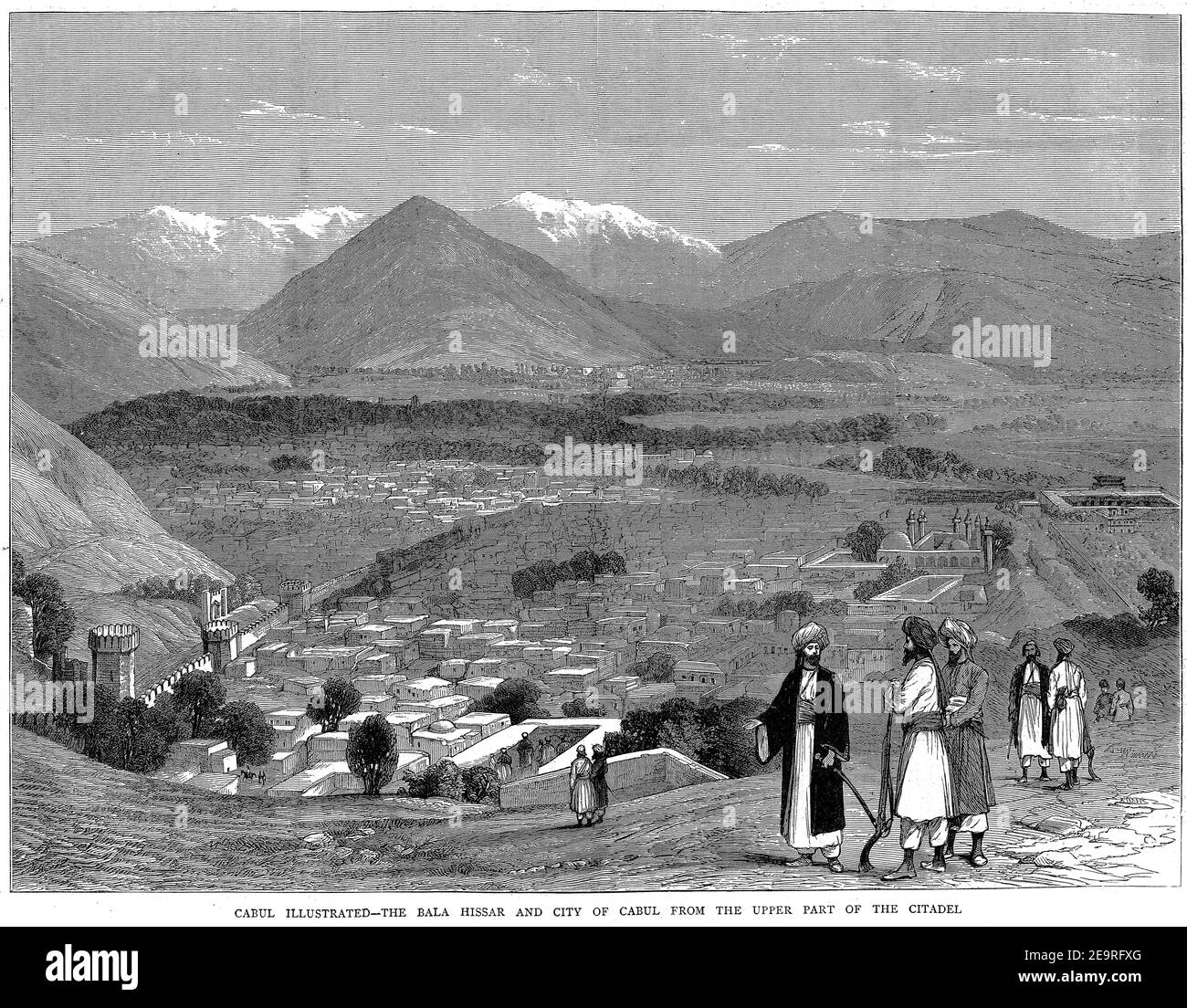 Incisione della fortezza di Bala Hissar e della città di Kabul in Afghanistan, dalla parte superiore della cittadella, circa 1879 Foto Stock