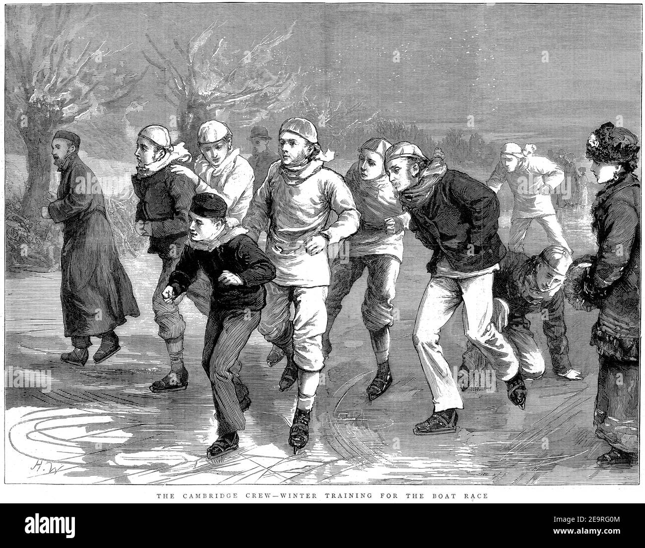 Incisione della squadra di barca Cambridge in allenamento invernale, 1879 Foto Stock