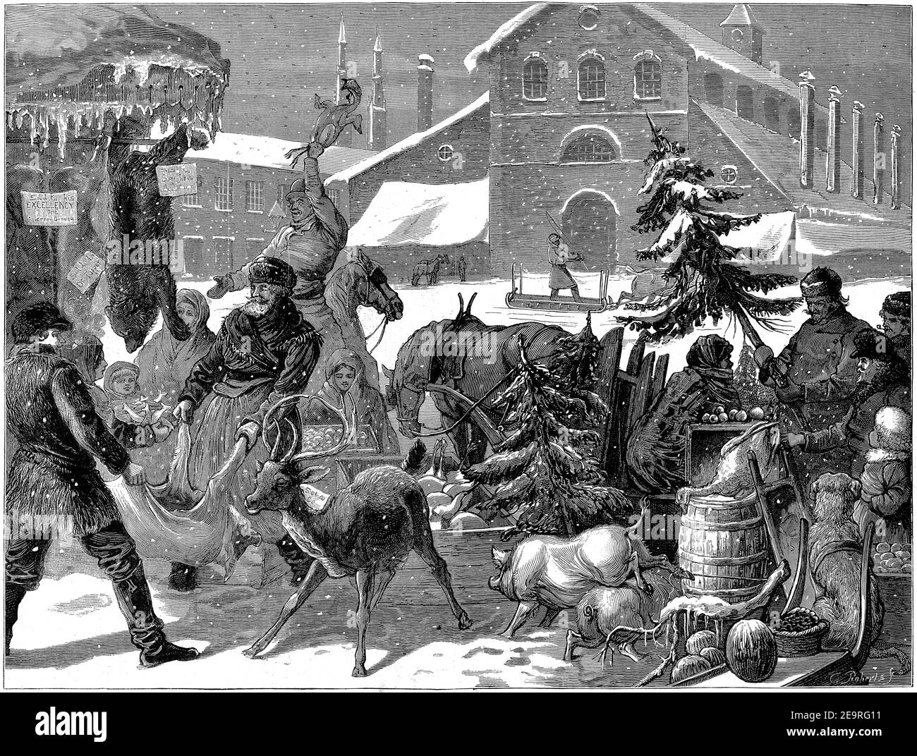 Incisione di persone alla vigilia di Natale preparazione di decorazioni e cibo a Ottawa, 1879, con un negozio di orsi, cervi, anatre e maiali per il cibo. Foto Stock