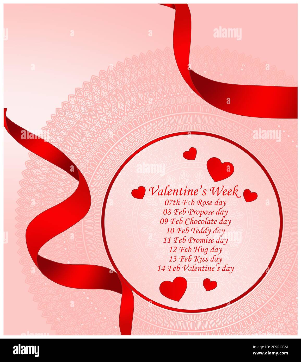 Cartolina di San Valentino con tutte le date .Red nastro e. cuori con mandala in background Foto Stock