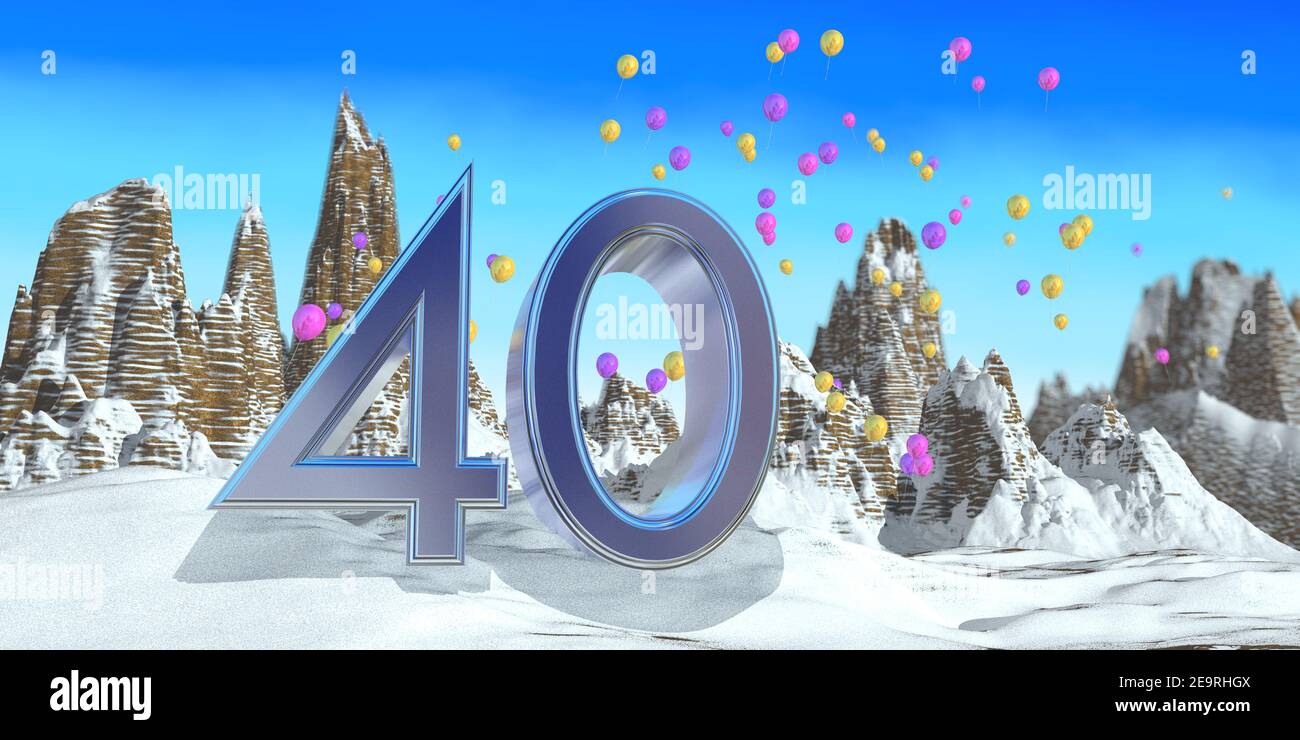 Numero 40 in spessa font blu su una montagna innevata con montagne rocciose paesaggio con neve e palloncini rossi, gialli e viola che volano sullo sfondo. Foto Stock