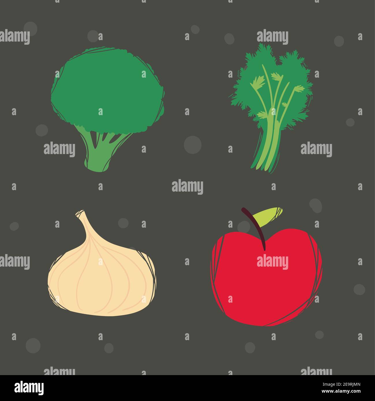 Disegno del set di simboli degli alimenti sani e biologici, eco bio e tema fresco illustrazione vettoriale Illustrazione Vettoriale