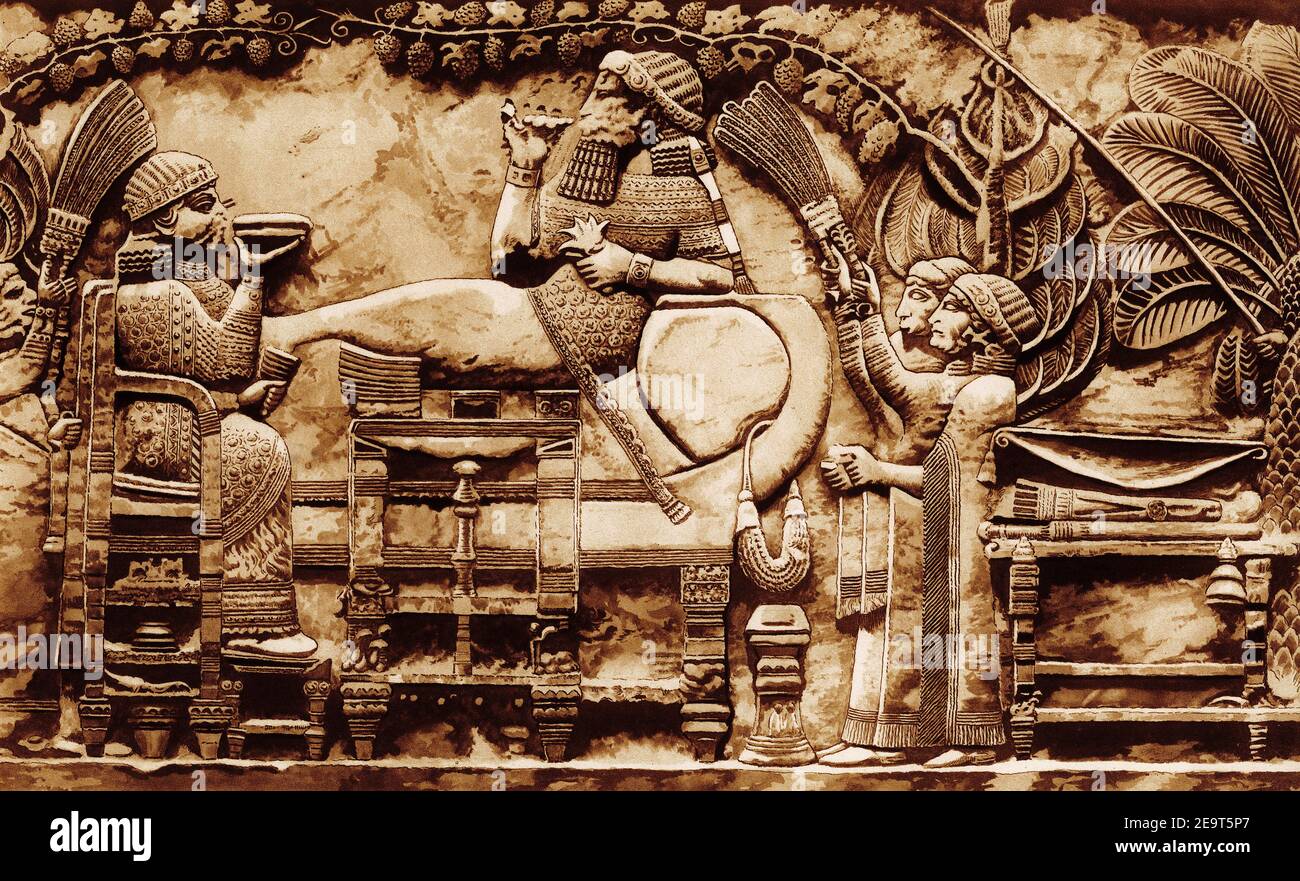 Mezzitoni del re Nebuchadnezzar rilassarsi nei Giardini pensili di Babilonia. Da una serie di poster scolastici per la storia e gli studi sociali c 1930 Foto Stock