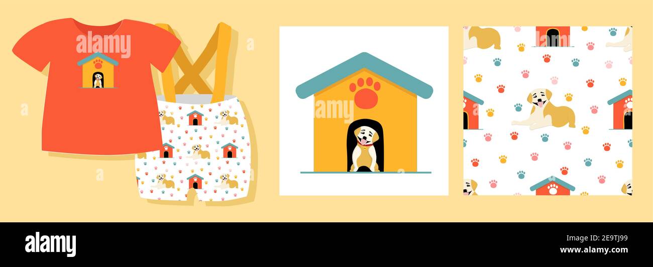 Una stampa divertente per i vestiti dei bambini. Stampa su tessuto per bambini. Cani modello. Illustrazione Vettoriale