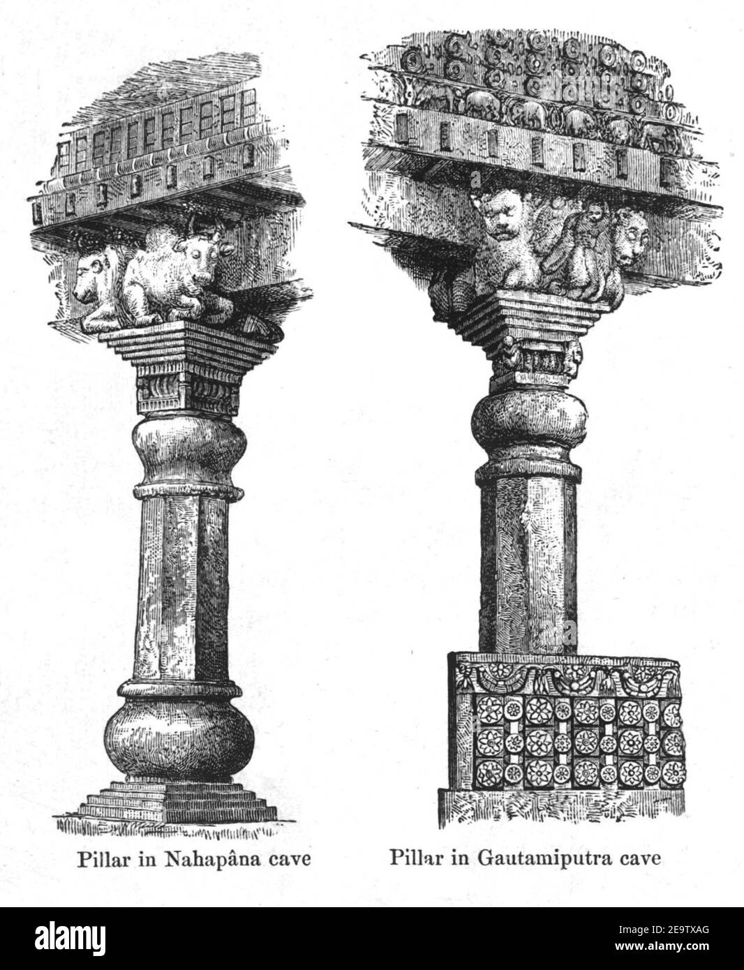 Nahapana (Grotta 10) vs Gautamiputra (Grotta 3) colonne nelle grotte di Nasik. Foto Stock