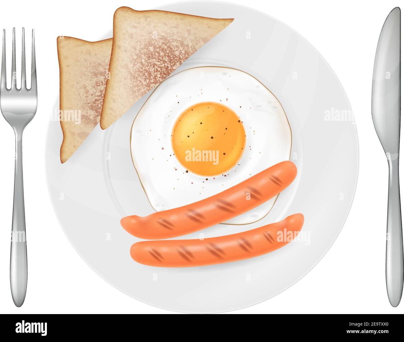 Uova fritte, toast e salsicce, servite su un piatto bianco con forchetta e coltello. Illustrazione vettoriale. Illustrazione Vettoriale