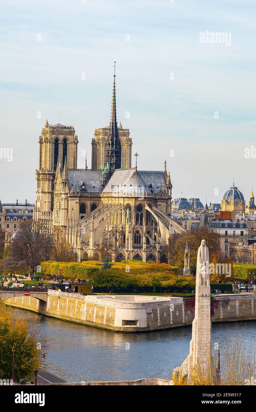 Foto tratta dal 6° piano dell'IMA (Institut du Monde Arabe), Parigi. Vista sulla cattedrale di Notre Dame (prima del fuoco) e la statua di Sainte-Geneviève. Foto Stock