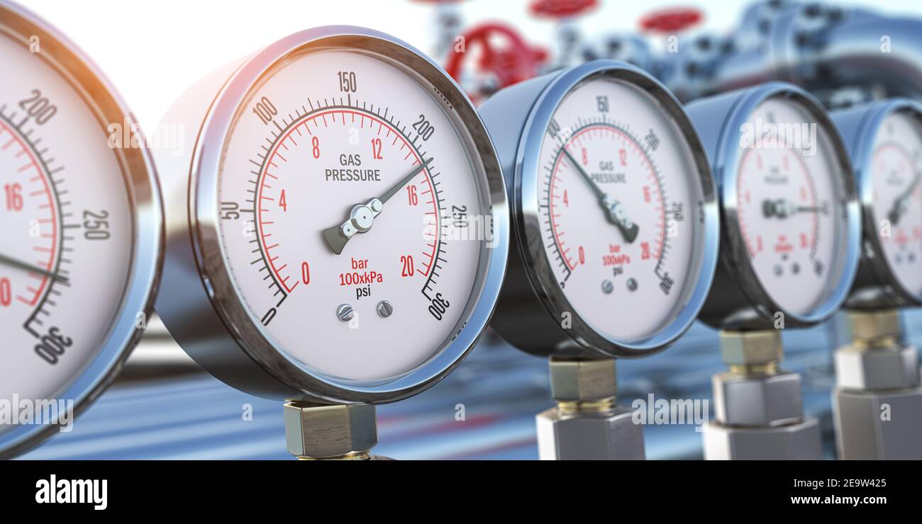 Fila di misuratori di pressione del gas sulla conduttura del gas. Concetto di estrazione, produzione, erogazione e fornitura di gas. illustrazione 3d Foto Stock